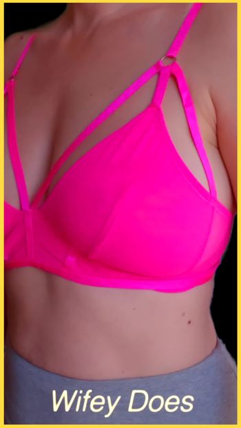 Wifes tits look perfect in this hot pink bra.