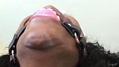 Black pornstar with gag ball changes from dildo to cock for anal fuck