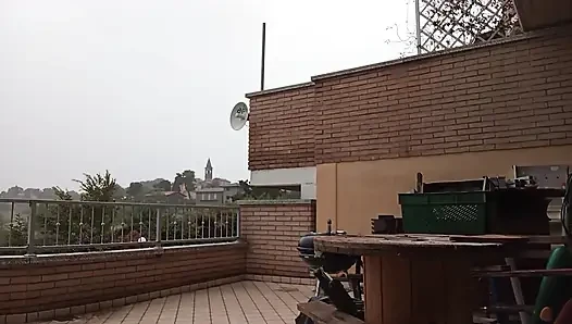 On the terrace, in the rain