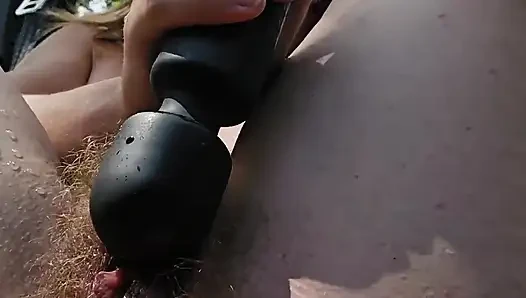 Redhead Fucks Ass and Hairy Pussy Outside Squirting Hard