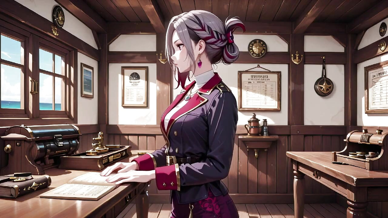 Silver-Haired Pirate Queen! Sun-drenched ship cabin, navy uniform slightly damp, kneeling with a teasing gaze.