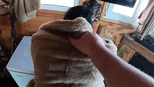 Golden Dress, Fur & Smoking Hairy Pussy, Deep Blowjob & Hard Doggy on a Freezer