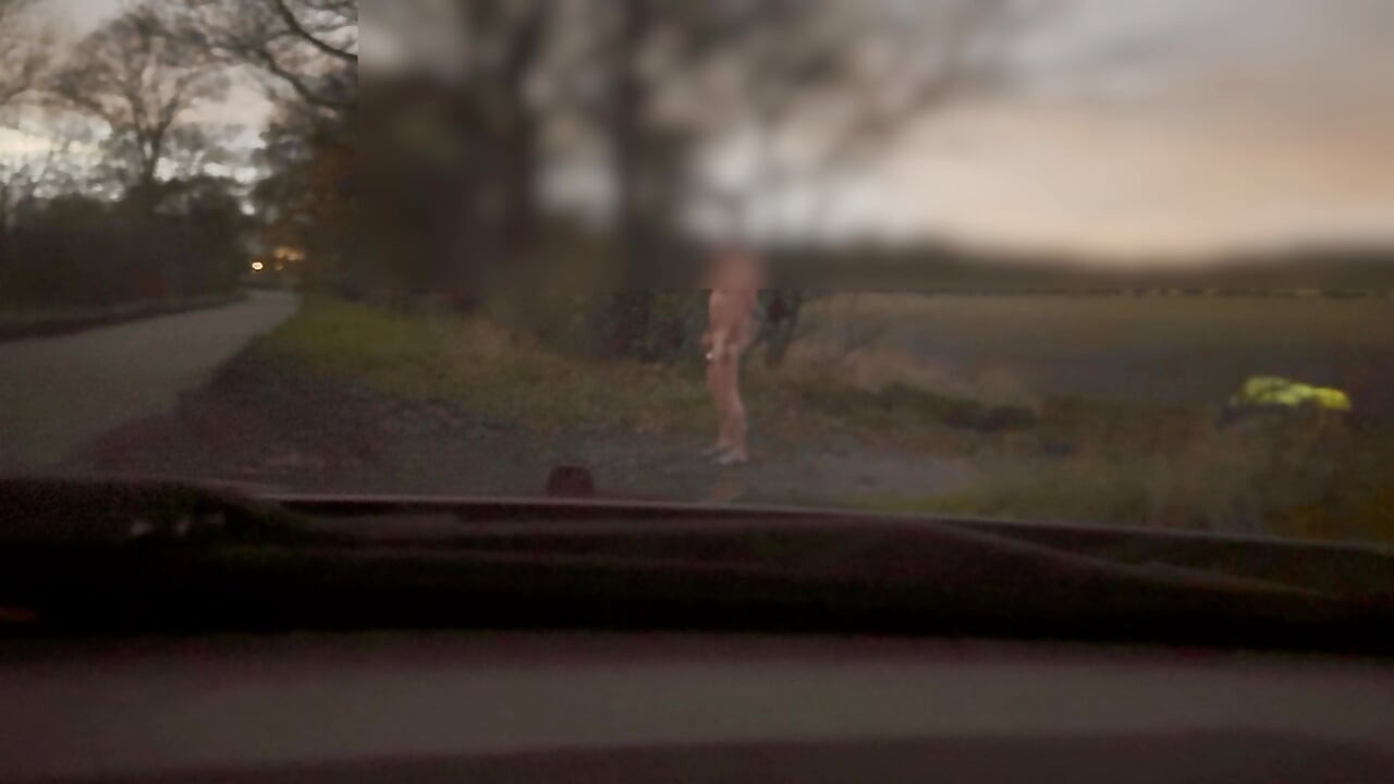 只穿着长外套离开汽车，在经过的汽车之间赤身裸体