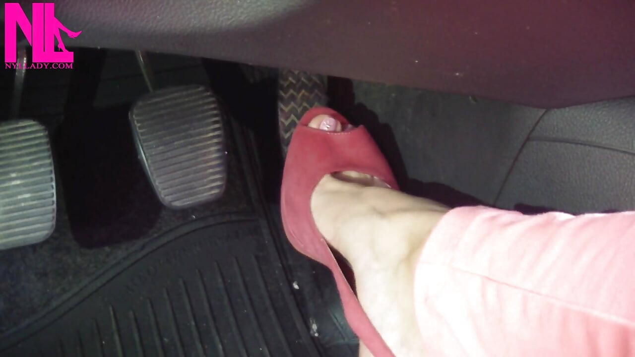 Barefoot Driving and Revving in Vivid Pink High Heeled Sandals
