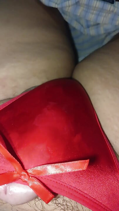 Wife's Sexy Red Thong Full of Cum!