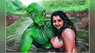 Erotic Art Or Drawing Of Sexy Indian Desi Bhabhi in Love With an Extraterrestrial Alien