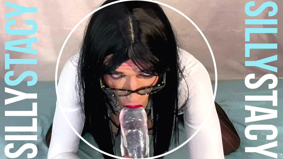 Cute Sissy stretch here mouth by huge clear dildo
