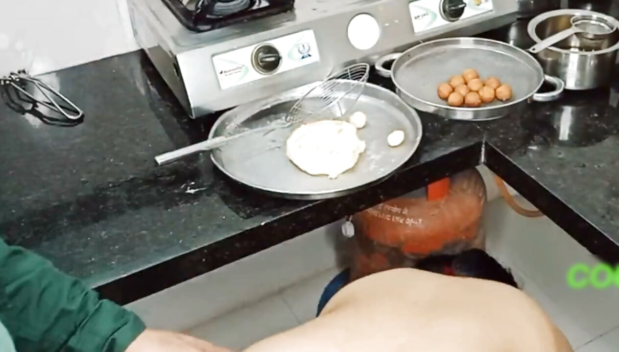 Indian desi wife in kitchen our husband went to sex and show our hot boobs with cumshot sex in kitchen