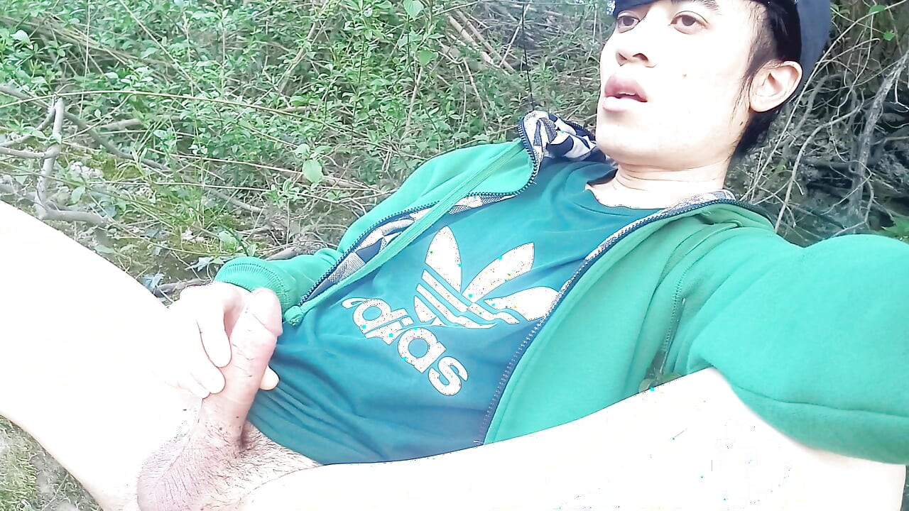 Ruined orgasm, but wanna full, thick cum, gay twink jerking off outdoor in adidas Stan Smith sneakers  Gay Asian boy wanking