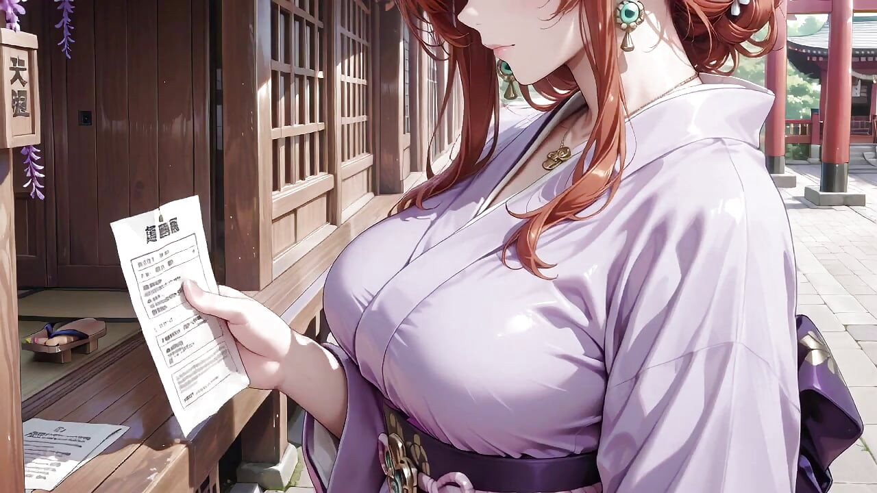 Red-haired Kimono Goddess! Kneeling Under the Sacred Torii Gate, She Adjusts Her Soaked Backless Outfit with a Shy Gaze.
