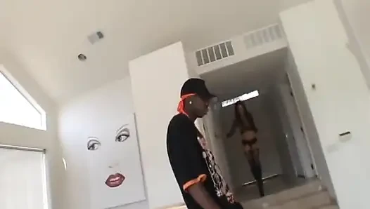 Eine heiße brünette in netzbodystocking hat einen harten interracial dreier