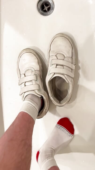Jerking off into a wet sweaty sock in a bathtub, wet feet, dirty shoes, dirty wet smelly socks, water on feet