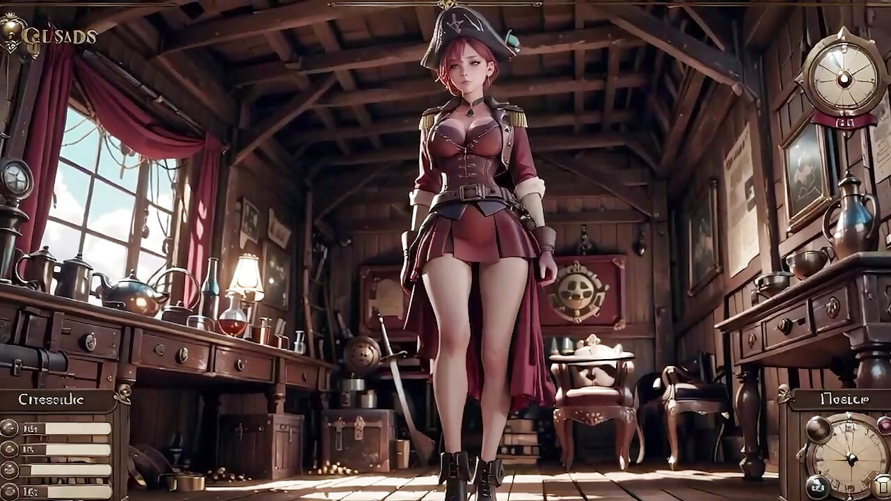 Capitã Pirata Ruiva! Brincando com sua espada em uma cabine de navio vintage