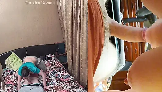 Real Russian couple's spontaneous bedroom blowjob, filmed on two cameras