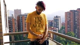 Jerking off my big uncut cock in the balcony did i get caught?