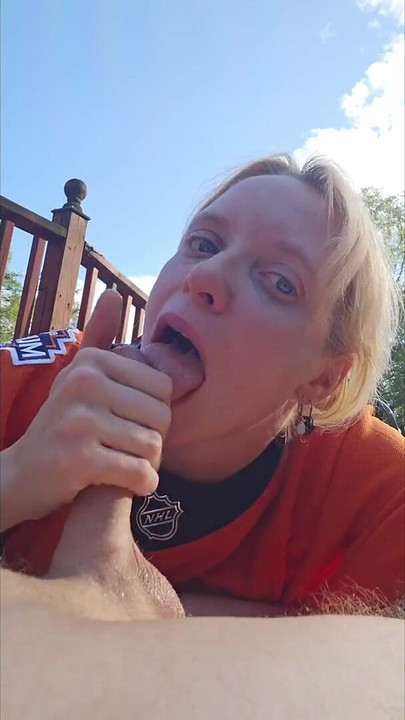 Key moment from "Hockey Mom gives outdoor blowjob!"