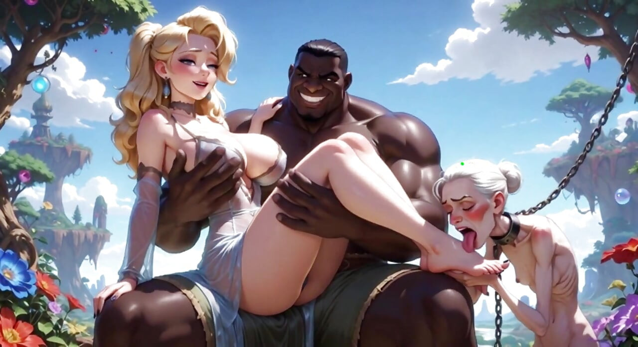 Old Granny Humiliated Licking Young Woman Feet - Sitting on Muscular Black Bull Lap
