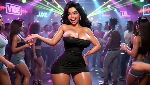 Güzel kadın canlı kulüpte erkeklerle dans eden ve dört ayak üzerinde tamamen çıplak hale gelen heyecan verici gecenin tadını çıkarıyor