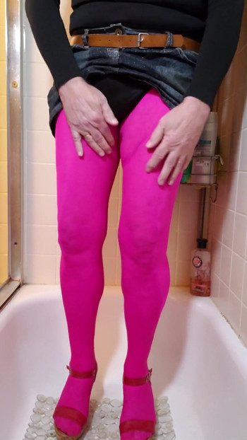 Spectacular moment from "Cd piss my pink nylon pantyhose and miniskirt."