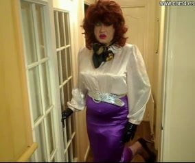 Candi in satin blouse and skirt