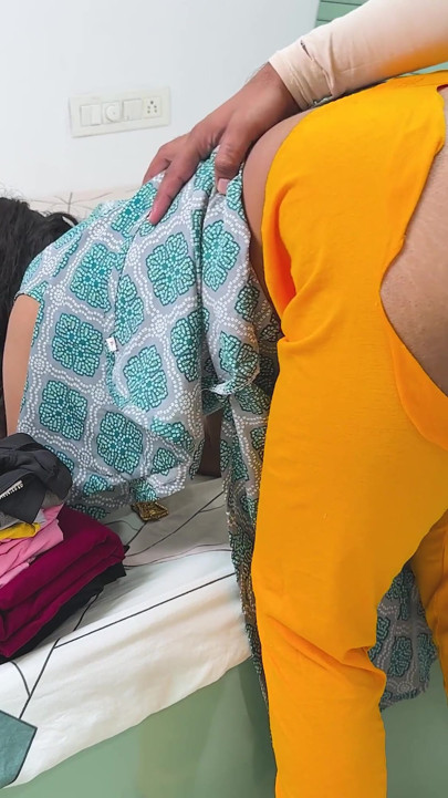Komal was cleaning her mistress Madam's house, folding her clothes and the owner started kicking her ass from behind. | Clip 1