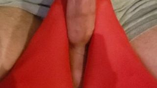 Stroking Daddy's cock with my feet in pantyhose