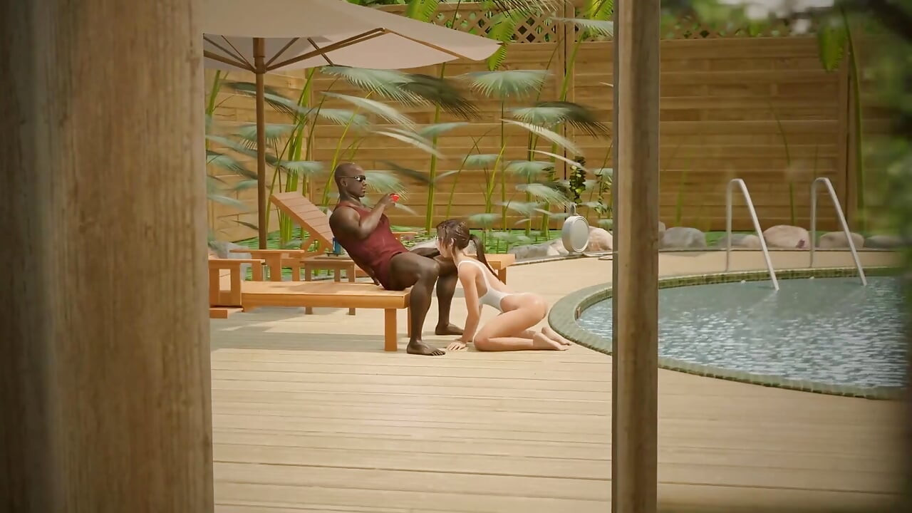 Jag är en cuckold, min fru suger en stor svart kuk vid poolen på stranden