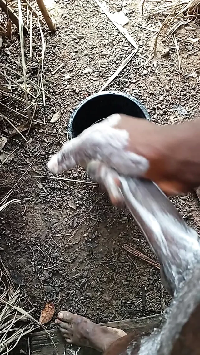 A boy masturbating inside his bathroom with soap