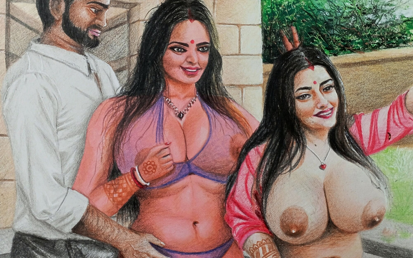 エロティックなアートや夫とガールフレンドと新婚旅行のセクシーなデジインド女性の描画