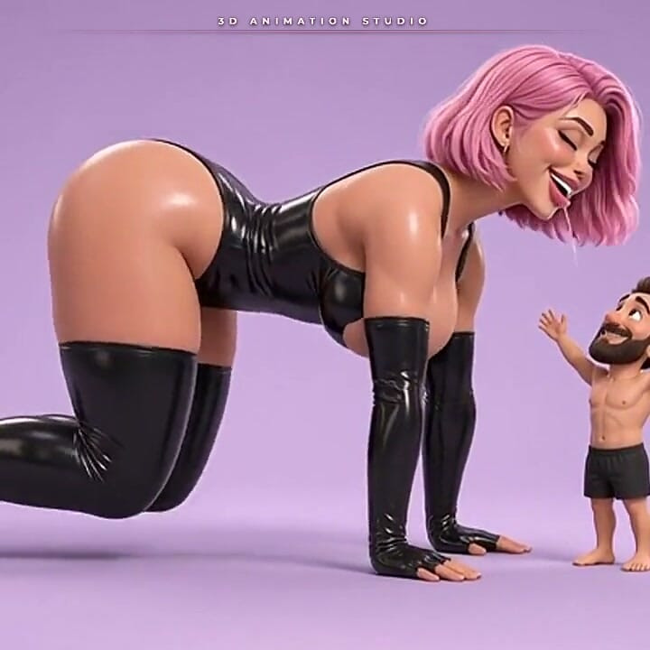Pink-haired Latex Mistress Crawls Down for a Long Kiss with Her Tiny Man