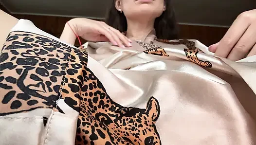 Wearing a short robe, I take off my panties and masturbate my creamy pussy with a vibrator.