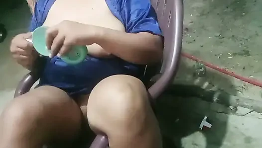 My mother-in-law invited me to show her big breasts outdoors