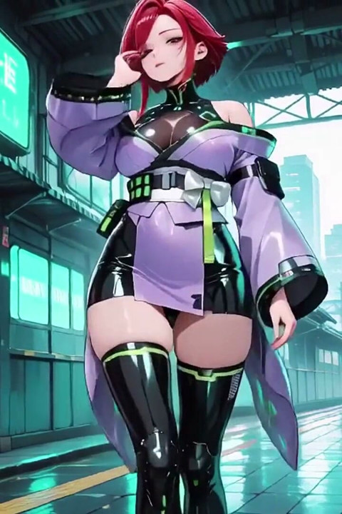 Ai-purple Kimono Seduction in the Neon Train Car, Fingertips Touching Collar, a Gaze That Drenches You!