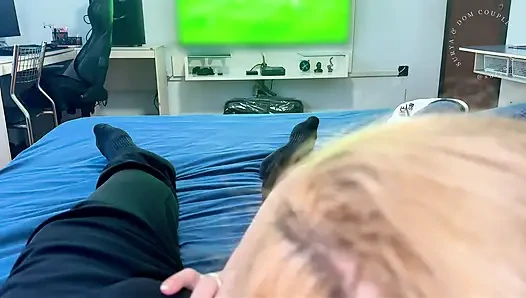 Friend's ex-girlfriend loses a bet and swallows cum during a World Cup match