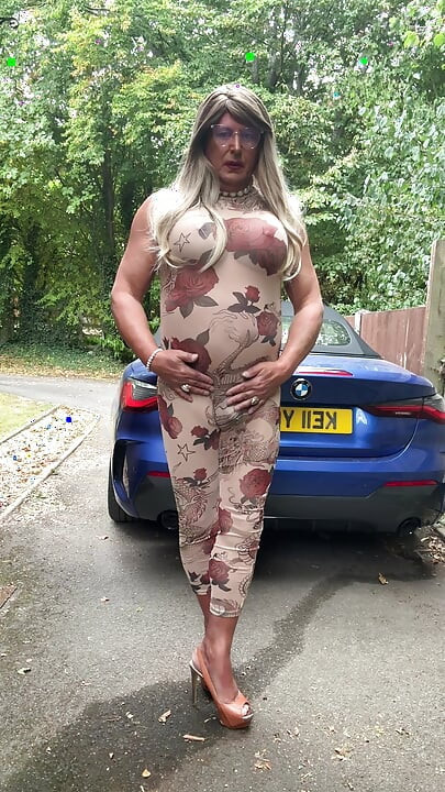 Sexy Crossdresser kellycd2022 in sexy floral see thru catsuit and heels