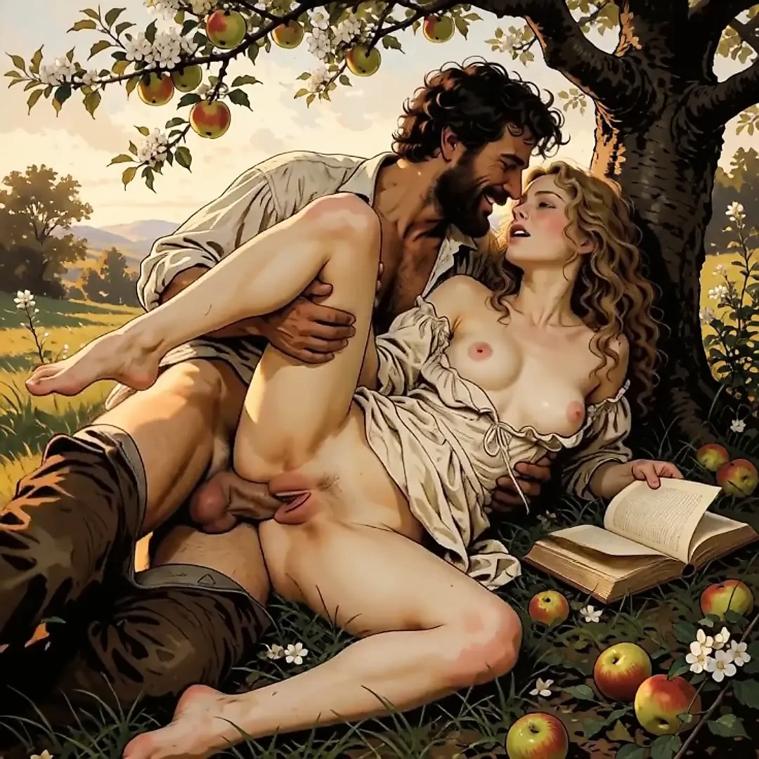She Kept Reading Under the Apple Tree While He Finished What the Book Started (AI generated).