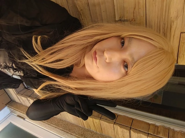 A blonde cross-dresser changed from a cute dress to pink full-body tights and masturbated!