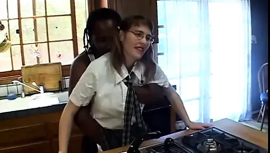 Hot young brunette takes a load on her glasses after getting ass fucked