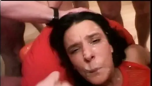 Bukkake with Big Cocks for Pretty MILF with Hairy Pussy