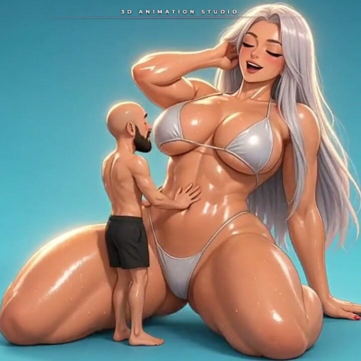 Giganta anime arrodillada rebota mientras su hombre diminuto le besa la panza aceitada