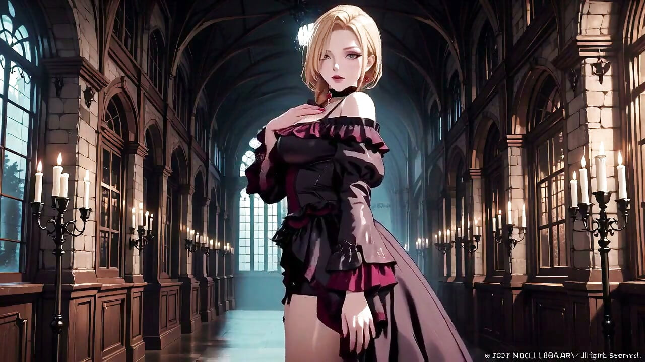 Blonde in a Black Gown Swaying on Red Velvet, Candlelight Gaze and Fan Teasing the Collarbone