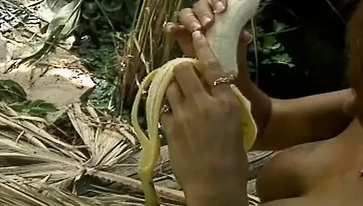 Sensual Lesbians in Tropical Paradise with Fruit Play