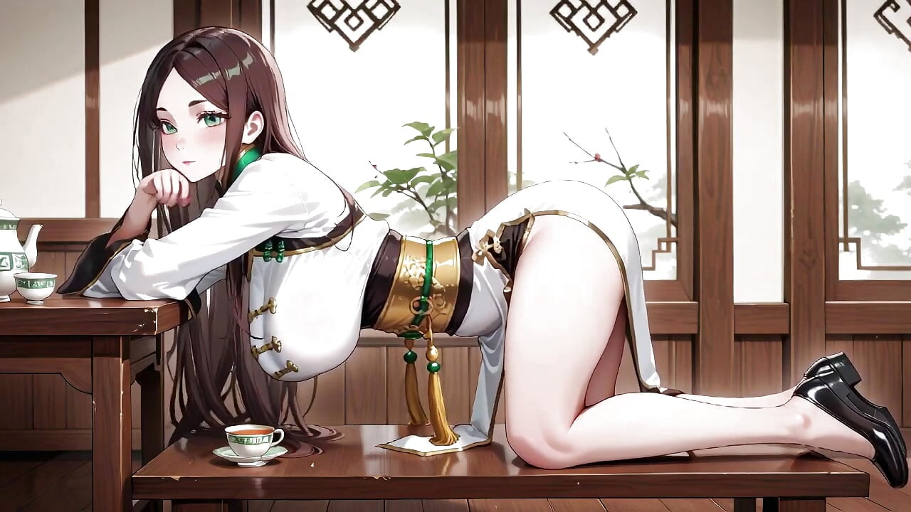 The Black & Gold Qipao Lady Kneels in the Wooden Corridor, Playing with Her Hair Bun, Sunlight Hitting Her Skin