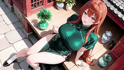 Red Hair & Emerald Qipao! Lazy Seduction in the Eastern Courtyard.