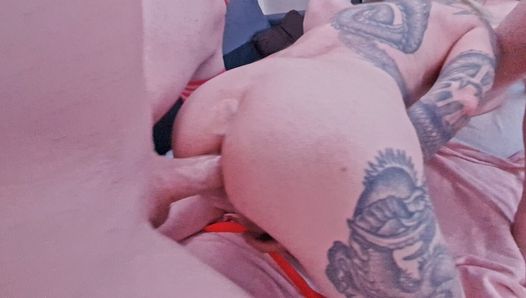 Big cock deepthroat and bareback anal threesome for tattoo sissy Charlotte