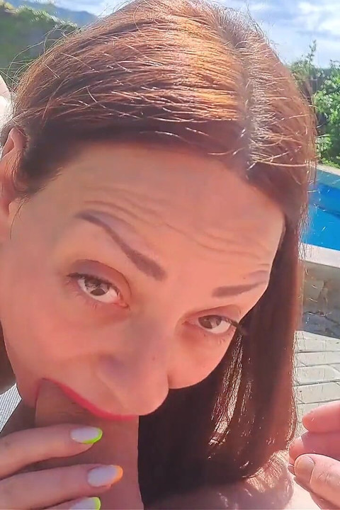 Big Dick Blowjob by the Pool. Amateur Cum in Mouth POV