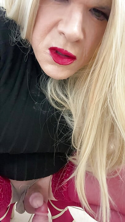 Horny sissy crossdressing trans almost cums on a cock and then talks to his milf stepmom about sucking cock