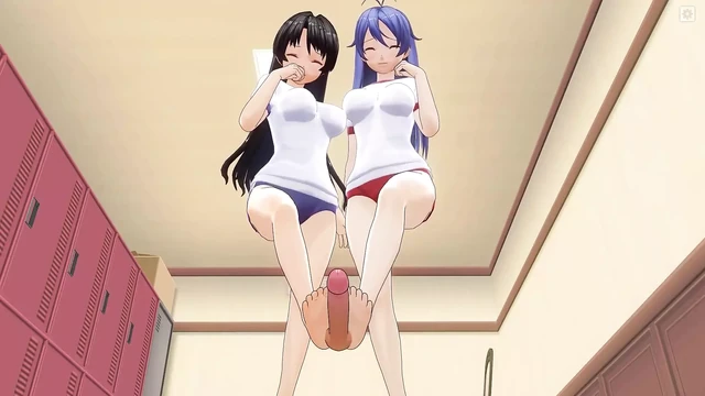Two Students in Tracksuits Jerk off a Dick with Their Feet in the Locker Room