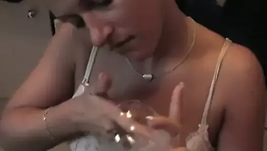 Cute Gal Drinks Cum From Glass for Friend