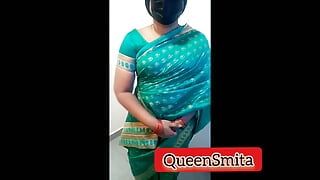 Papel de fantasía sobre una Amma tamil vistiendo sari verde y consolando a su hijastro